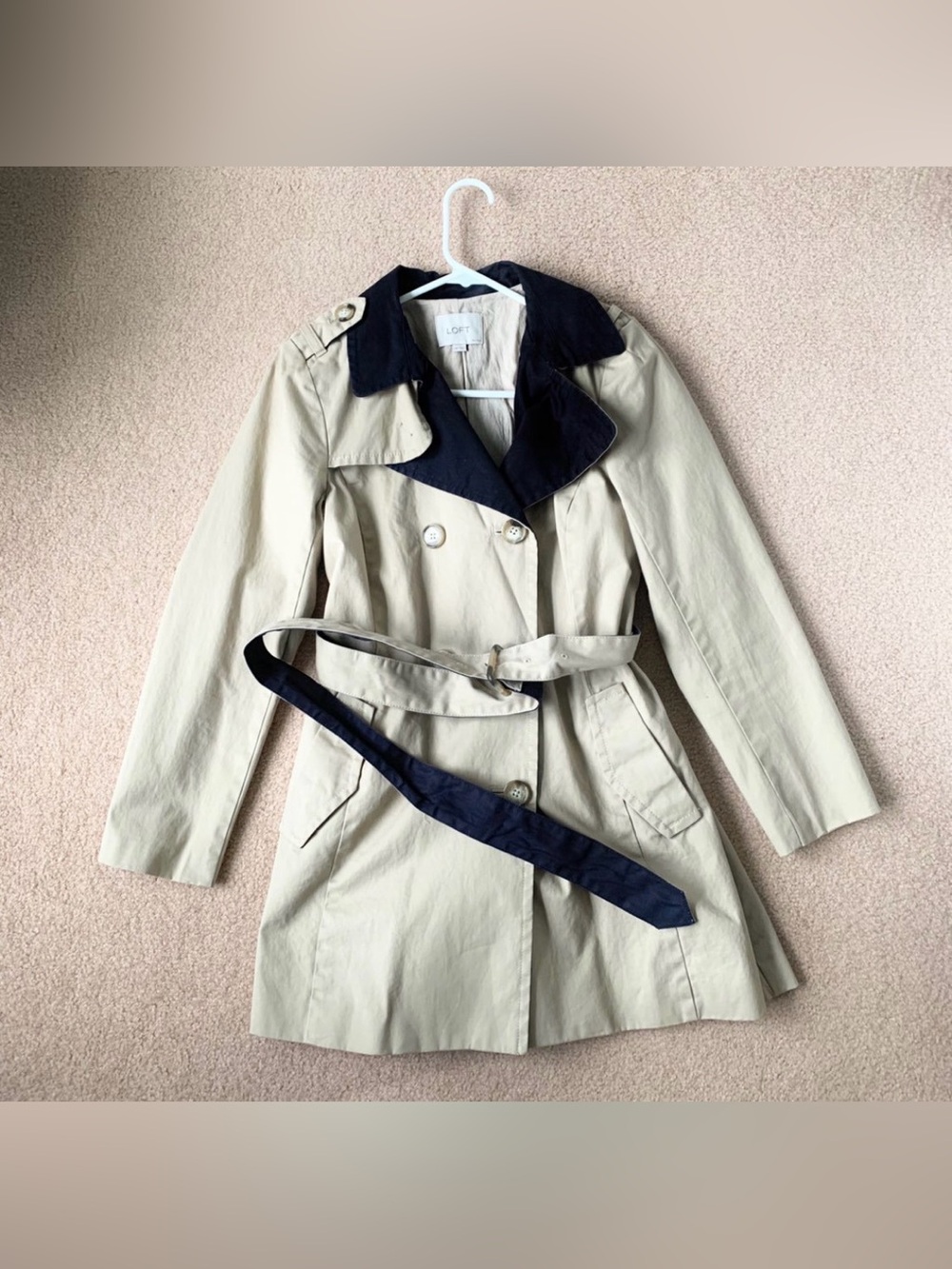 LOFT Two-Tone Trench Coat - Beige with Navy Collar Petite M